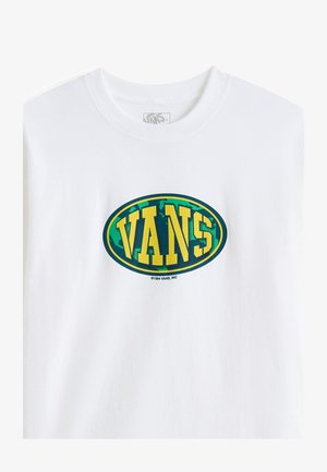 Biała krótka koszulka z bawełny z dużym zielono-żółtym owalnym logo z napisem "VANS" w pogrubionych literach.