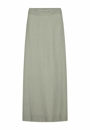 Linned midi nederdel i en afdæmpet grøn farve med elastisk talje, lige silhuet og en glat tekstur, med en kant uden synlige sømme.