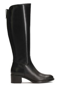 Knee-high black leather boot with a smooth finish, block heel, and elastic side panel for ease of wearing. Rounded toe design.