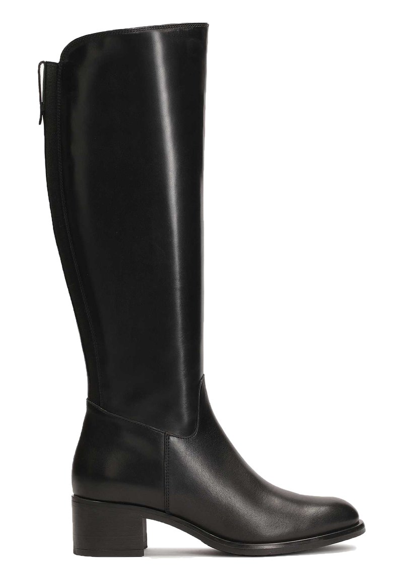 Knee-high black leather boot with a smooth finish, block heel, and elastic side panel for ease of wearing. Rounded toe design.