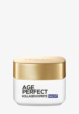 Crema notte Age Perfect Collagen Expert in un barattolo bianco con coperchio dorato. Il testo sul barattolo include il nome del marchio e del prodotto. Finitura liscia e lucida.