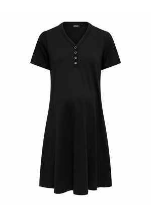 Robe noire à manches courtes en tissu doux, dotée d'un col en V et d'une patte de boutonnage à cinq boutons. Jupe évasée arrivant au-dessus du genou.