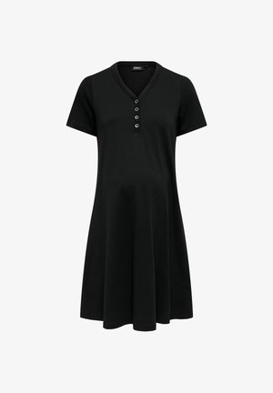 Černé šaty krátkého rukávu z měkkého materiálu, s výstřihem do V a zapínáním na pět knoflíků. Rozšířená sukně končí nad koleny.