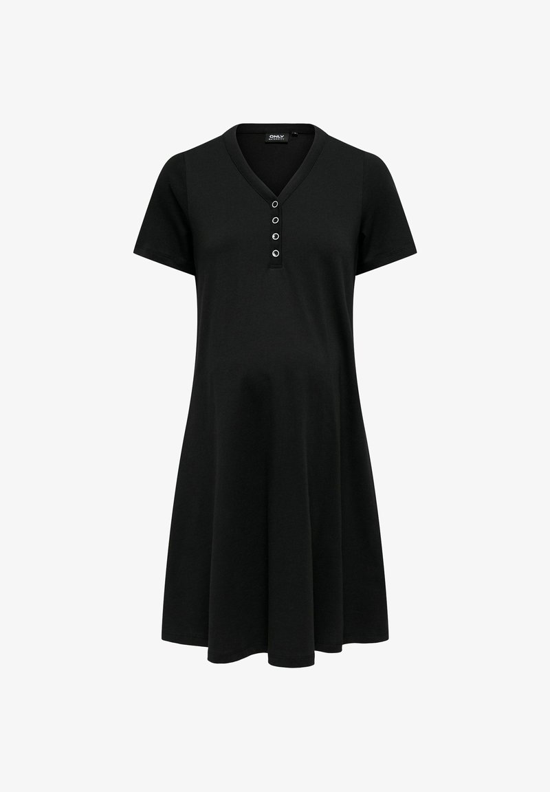 Mustapuku lyhyet hihat pehmeästä kankaasta, jossa on V-kaula-aukko ja viiden napin lista. Laajeneva hame ulottuu reiden ylle.