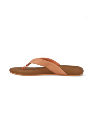 Bruine en beige teenslipper met brede stoffen band en gevoerde zool, zijaanzicht op een witte achtergrond.