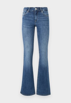 Blue denim flared jeans with a medium wash, featuring five pockets, a button closure, and a slightly distressed texture at the hem.
