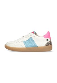 White sneaker with a textured blue stripe, pink back, and leopard print accents. Features round laces and a gum sole.