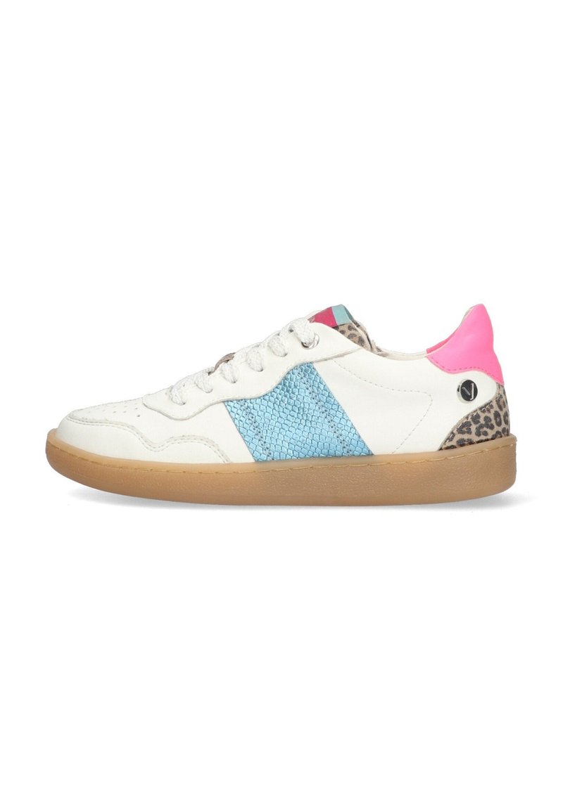 White sneaker with a textured blue stripe, pink back, and leopard print accents. Features round laces and a gum sole.
