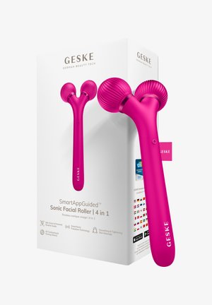 Lyserød 4-i-1 sonisk ansigtsroller med dobbelt rillede massagesfærer, vist med hvid GESKE mærket emballage.