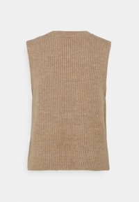 Pull en tricot sans manches de couleur beige avec une texture côtelée et un col rond. Design simple sans embellissements, idéal pour les superpositions.