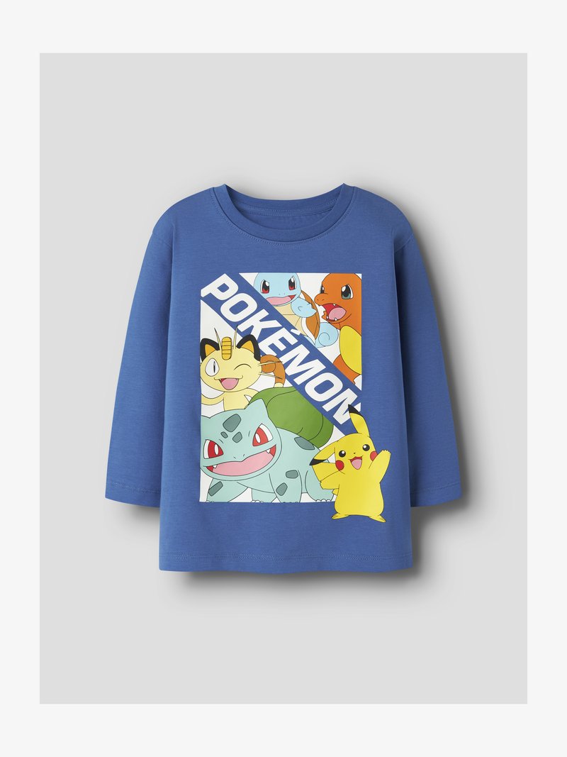 Blaues Langarmshirt mit bunten Pokémon-Charakteren Pikachu, Bisasam, Glumanda, Schiggy und Mauzi sowie dem Schriftzug "POKÉMON".