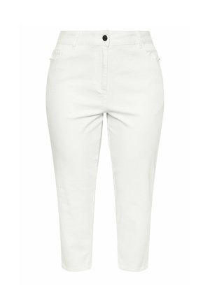 Hvide cropped bukser med knapper foran og lommer, slim fit, talje i midjeniveau, skræddersyet til et rent, moderne look.