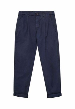 Tumesinised vabaaja püksid, millel on nööbiga sulgur, küljetaskud, vööaasad, plisseeringud ja ülesrullitud sääred.