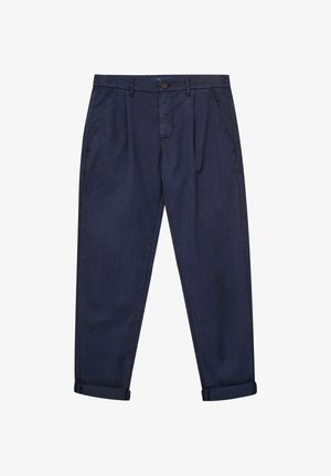 Tumesinised vabaaja püksid, millel on nööbiga sulgur, küljetaskud, vööaasad, plisseeringud ja ülesrullitud sääred.