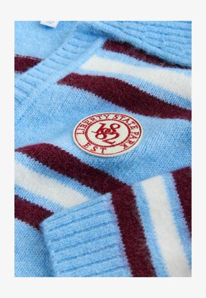 Mėlynas ir baltas dryžuotas megztinis su bordo dryžiais ir apvalia „Liberty State Park“ emblema. Minkšta, tekstūruota medžiaga su šonkauliniu apykakliu.