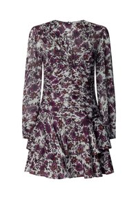 Vestido floral con patrones en púrpura y burdeos sobre una tela blanca translúcida, con mangas largas y una falda acampanada y con capas.