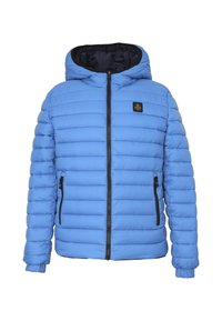 Giacca a vento blu con cappuccio, design trapuntato, zip frontale e due tasche laterali. Accenti neri sulla zip e sulla patch del logo.