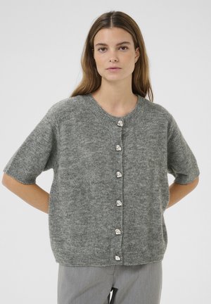 Grauer, wollener Kurzarm-Cardigan mit rundem Ausschnitt und silbernen, herzförmigen Knöpfen an der Vorderblende. Weicher Stoff und lässige Passform.