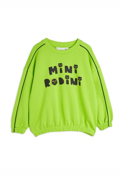 Zelená mikina s oblečeným výstrihom, spadnutými ramenami a elastickým lemom, s nápisom "MINI RODINI" a čiernymi grafikami mačky.
