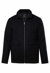 Marinefarbener Reißverschlussjacke mit geripptem Kragen, zwei Fronttaschen und strukturierter Oberfläche. Ausgestattet mit einem silbernen Reißverschluss und taillierten Bündchen.