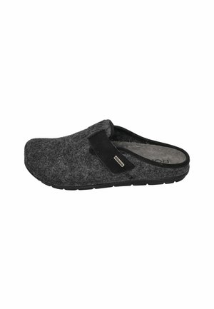 Zueco de fieltro negro con una textura suave, que presenta una correa negra y una suela de goma para un buen agarre. Diseño simple sin patrones o acentos visibles.
