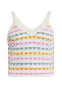 Pletený crop top s výstřihem do V, se svislými pruhy v růžové, zelené, žluté a bílé barvě s texturovaným vzorem. Měkká, lehká látka.