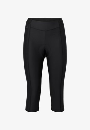 Schwarze Radhosen aus dehnbarem Stoff, ausgestattet mit einem gepolsterten Sitz für Komfort, einem elastischen Taillenbund und flachen Nähten für Langlebigkeit.