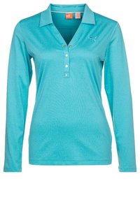 Ljusblå långärmad polo skjorta i slätt tyg, med krage, treknapplås och liten logotyp på bröstet.