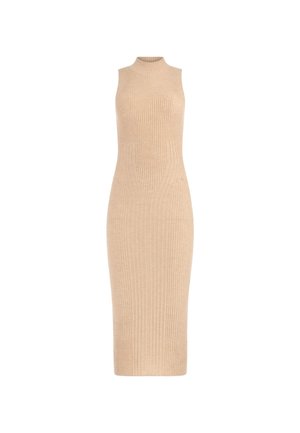 Bezramenné béžové ribbed pletené midi šaty s vysokým výstřihem a přiléhavým střihem.