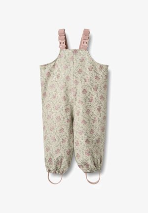 Salopetă cu imprimeu floral în verde mat, cu modele de trandafiri roz, manșete elastice și bretele roz reglabile cu clips.