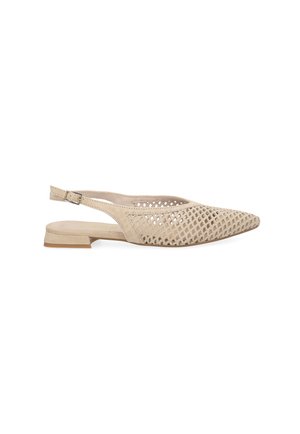Beige Damen-Slingback-Flachschuh mit spitzer Kappe, gewebtem Obermaterial und verstellbarem Schnallenriemen.