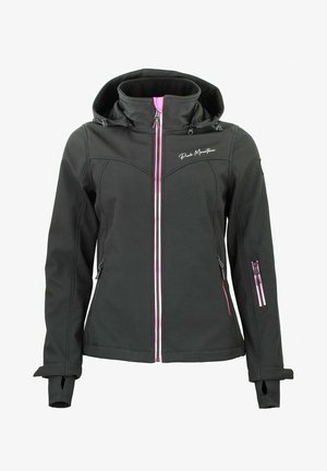 Veste softshell noire avec un col haut, des accents de fermeture éclair rose, et une capuche ajustable. Comprend des poches latérales et des poignets ajustés.