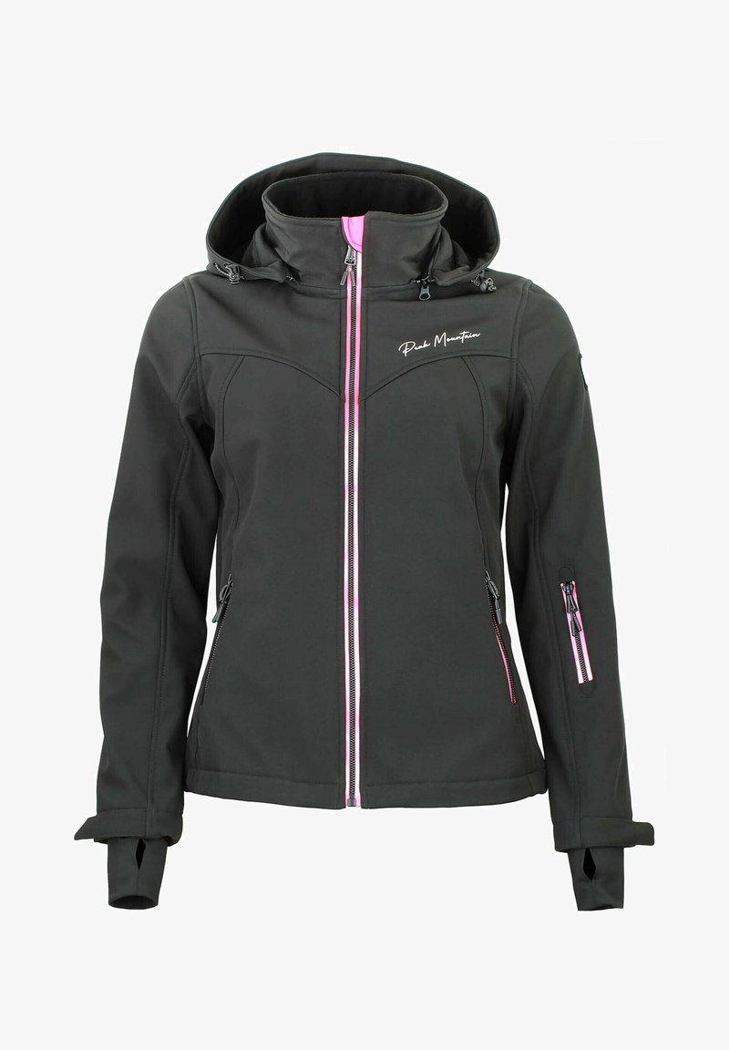 Giacca softshell nera con colletto alto, dettagli in rosa sulla zip e cappuccio regolabile. Include tasche laterali e polsini aderenti.