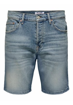 Hellblaue Jeansshorts mit vorderer Knopf- und Reißverschluss, zwei Vordertaschen und dezenten Verwaschungseffekten.