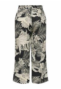 Black pants with a tropical floral and leaf pattern in cream and beige, featuring an elastic waistband and wide-leg design.