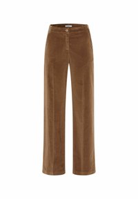 Bruna kordbyxor med vida ben, med knappstängning och metallaccenter på sidorna, slät textur hela vägen.