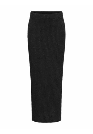 Jupe crayon midi noire texturée avec une taille ajustée et une silhouette droite, présentée sur fond blanc.
