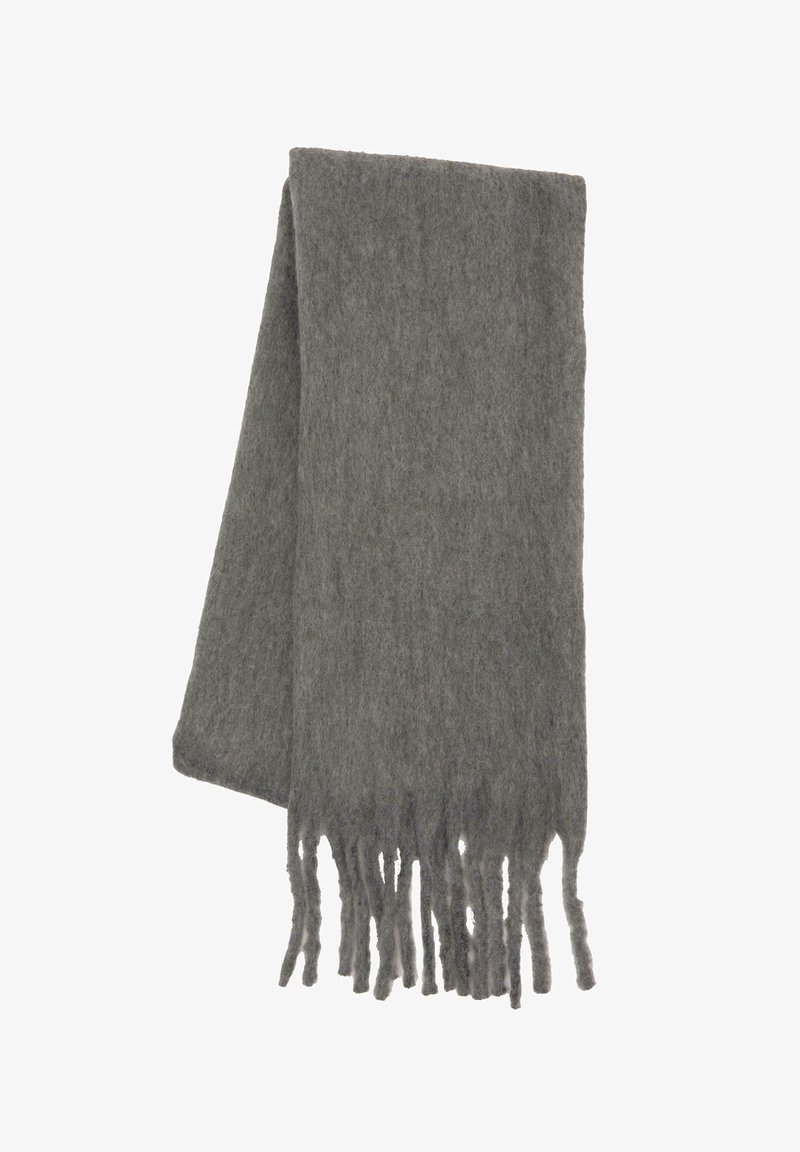 Grå ullscarf med mjuk textur, rektangulär form och fransade kanter. Slät yta och jämn färg över hela.