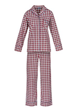 Conjunto de pijama de franela a cuadros rojos y blancos que incluye una camisa abotonada y pantalones holgados con cuello con solapa y bolsillo en el pecho.