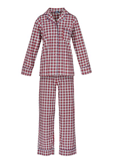 Červenobílé kárované flanelové pyžamo sestávající z košile na knoflíky a volných kalhot s límcem a náprsní kapsou.