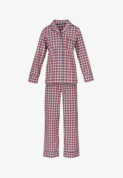 Rödvitrutig flanellpyjamas med knappad överdel och löst sittande byxor, med krage och bröstficka.