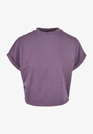 Maglietta cropped viola realizzata in tessuto morbido. Presenta un collo rotondo e maniche corte con orli arrotolati. Texture liscia, design semplice.