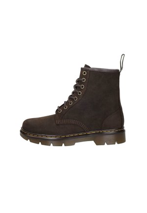 Dark brown leather lace-up boot with thick sole and pull tab, featuring yellow stitching around the sole edge.
