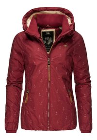 Maroon lightweight jacket with anchor pattern, zip closure, hood, and elastic cuffs. Features tan accents and a soft, quilted texture.