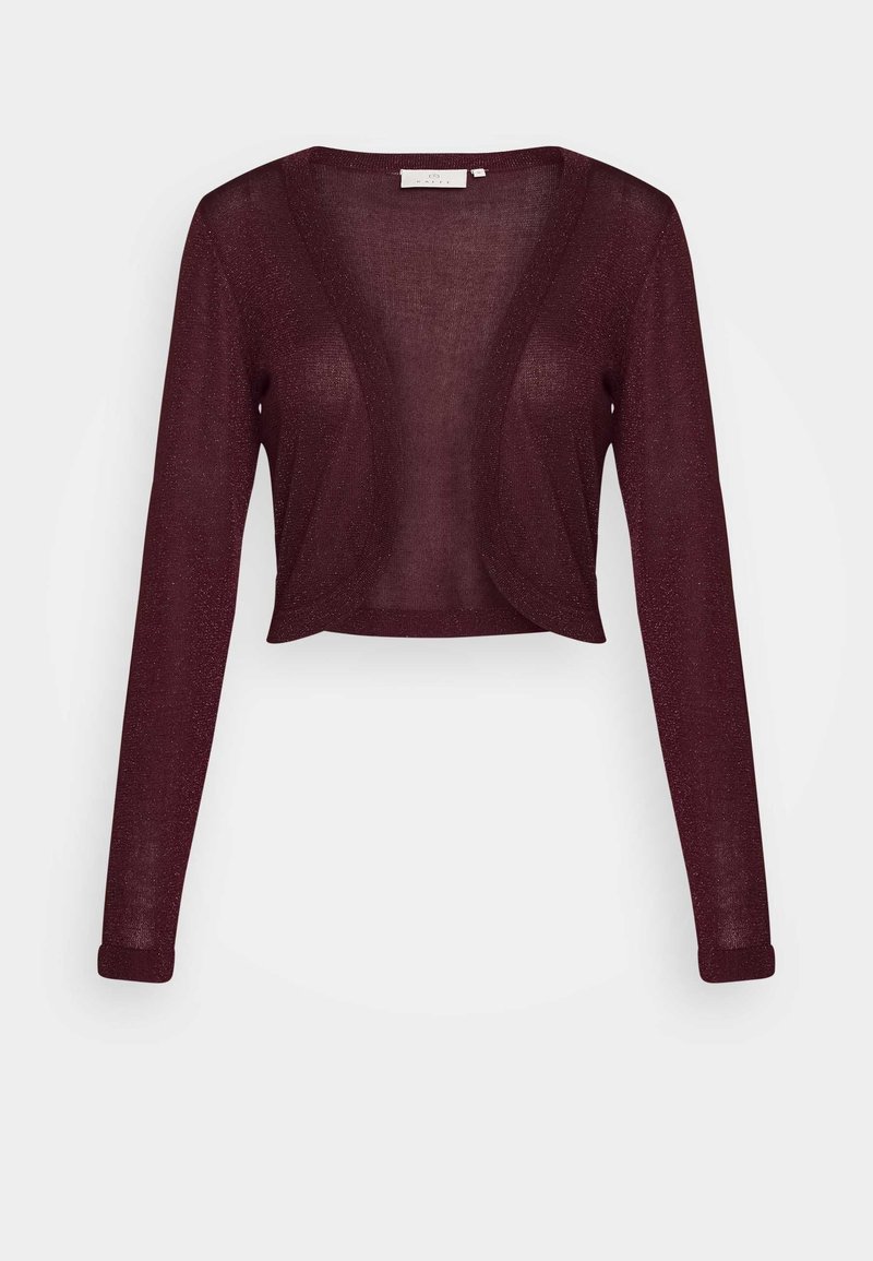 Cardigan bordeaux à manches longues et coupe courte, avec ouverture frontale et léger effet scintillant, tissu en maille léger, ourlet arrondi.