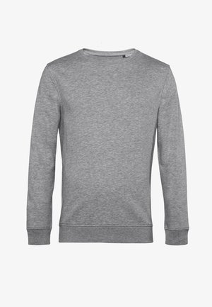Sweatshirt gris en tissu doux, avec un col rond, des manches longues, des poignets et un ourlet côtelés, au toucher lisse et à la conception minimaliste.