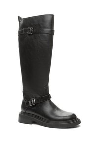 Crne kožne čizme do koljena s zaobljenim vrhom, dvostrukim kopčama, teksturiranim završetkom i gumenenim potplatom. Imaju glatku površinu.