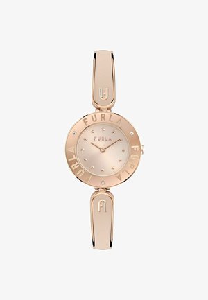 Runde roségoldene Uhr mit mattem Zifferblatt, geprägtem "FURLA"-Logo und Nietenakzenten. Inklusive eines eleganten Armbands im Stil eines Armreifs mit Logodetail.