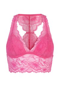 Roze kanten bralette met een halterstijl, een bloemenpatroon, ingewikkelde randen en een achterkant met een kanten overlay. Zachte en doorschijnende textuur.