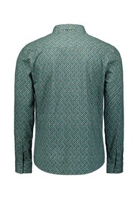 Langarmshirt in teal met een ruitpatroon, voorzien van een knoopkraag en manchetten, gemaakt van lichte stof met een gladde textuur.
